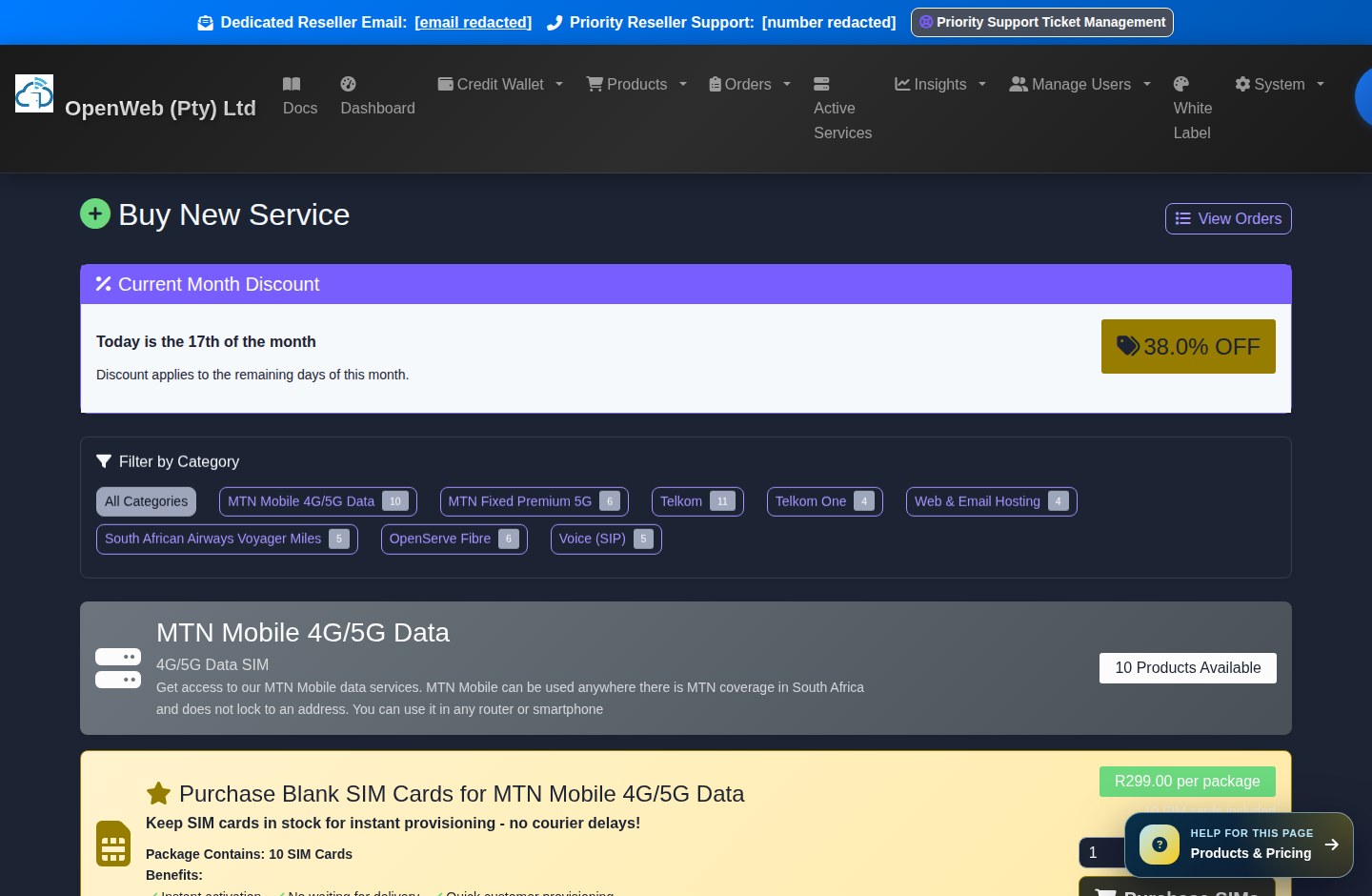 Current OpenWeb reseller panel screenshot: Product catalogue and create service